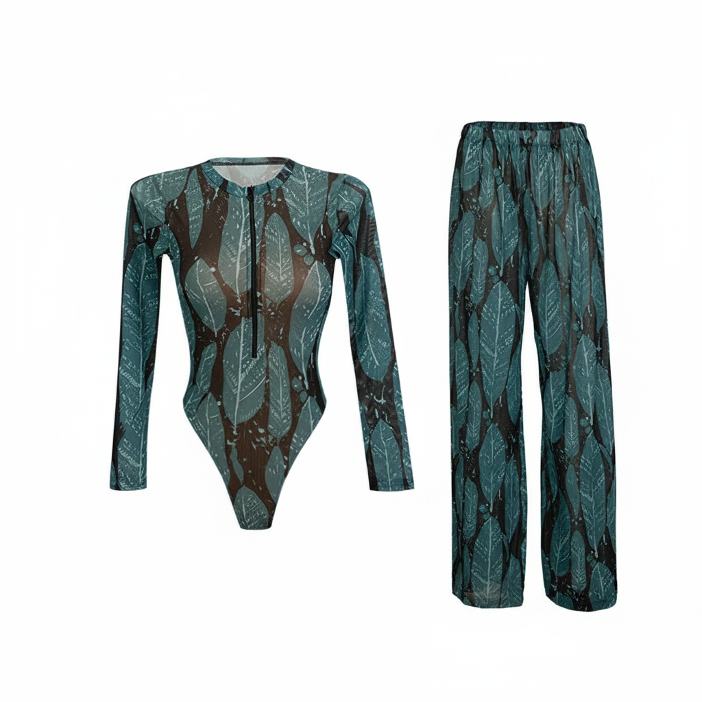 Traje de Baño Entero con Estampado de Hojas y Cierre - 1