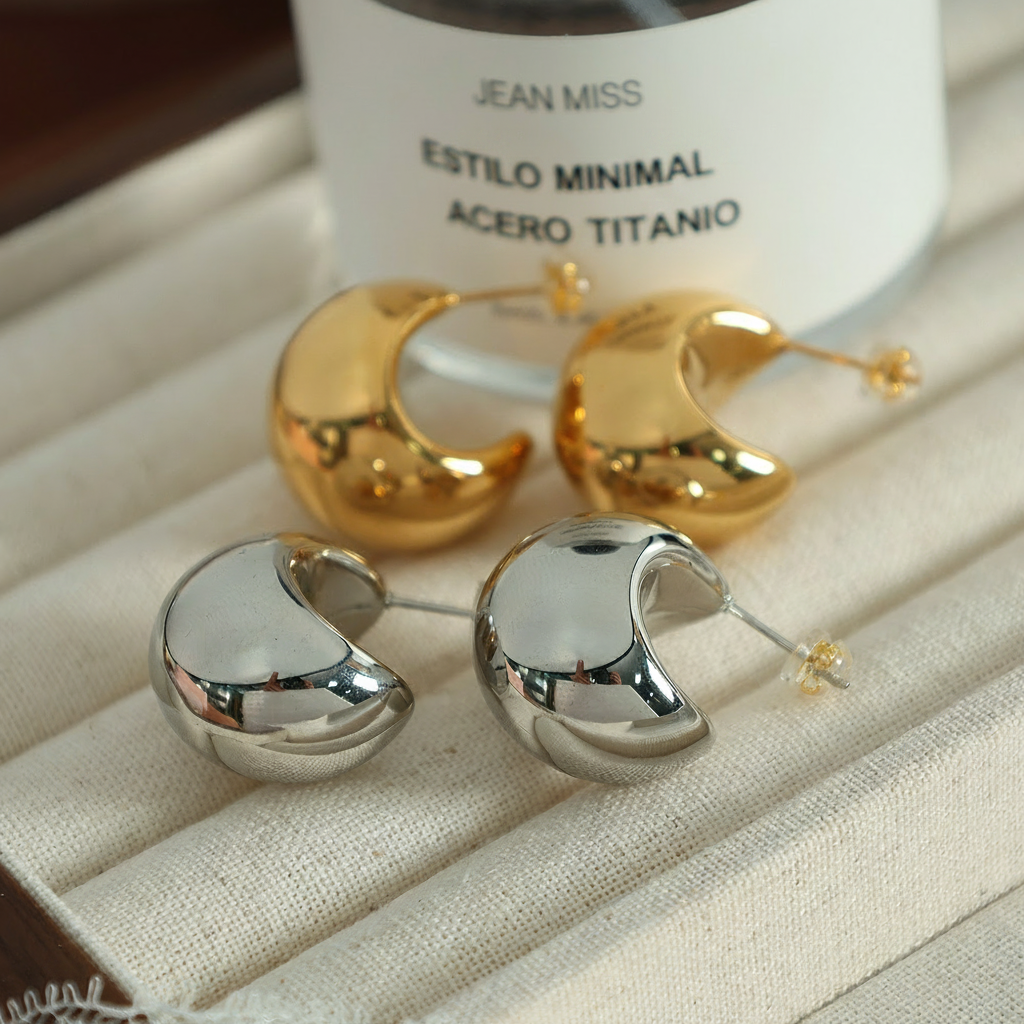 Aretes Luna Media Acero Titanio Estilo Minimal Elegante - 4
