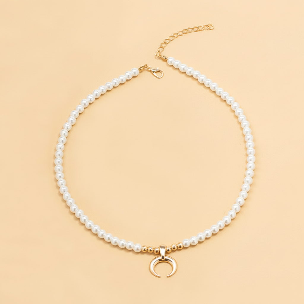 Collar de perlas con dije luna plateado para mujer - 2