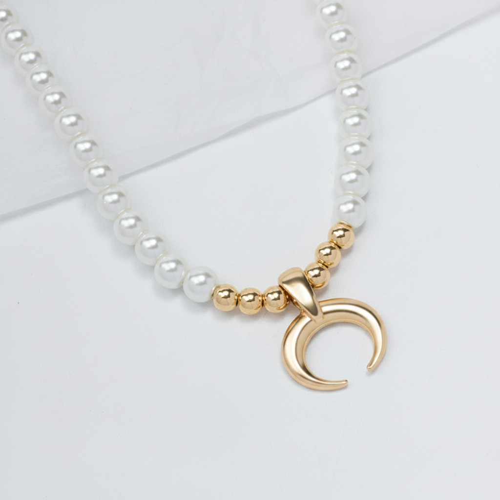 Collar de perlas con dije luna plateado para mujer - 4