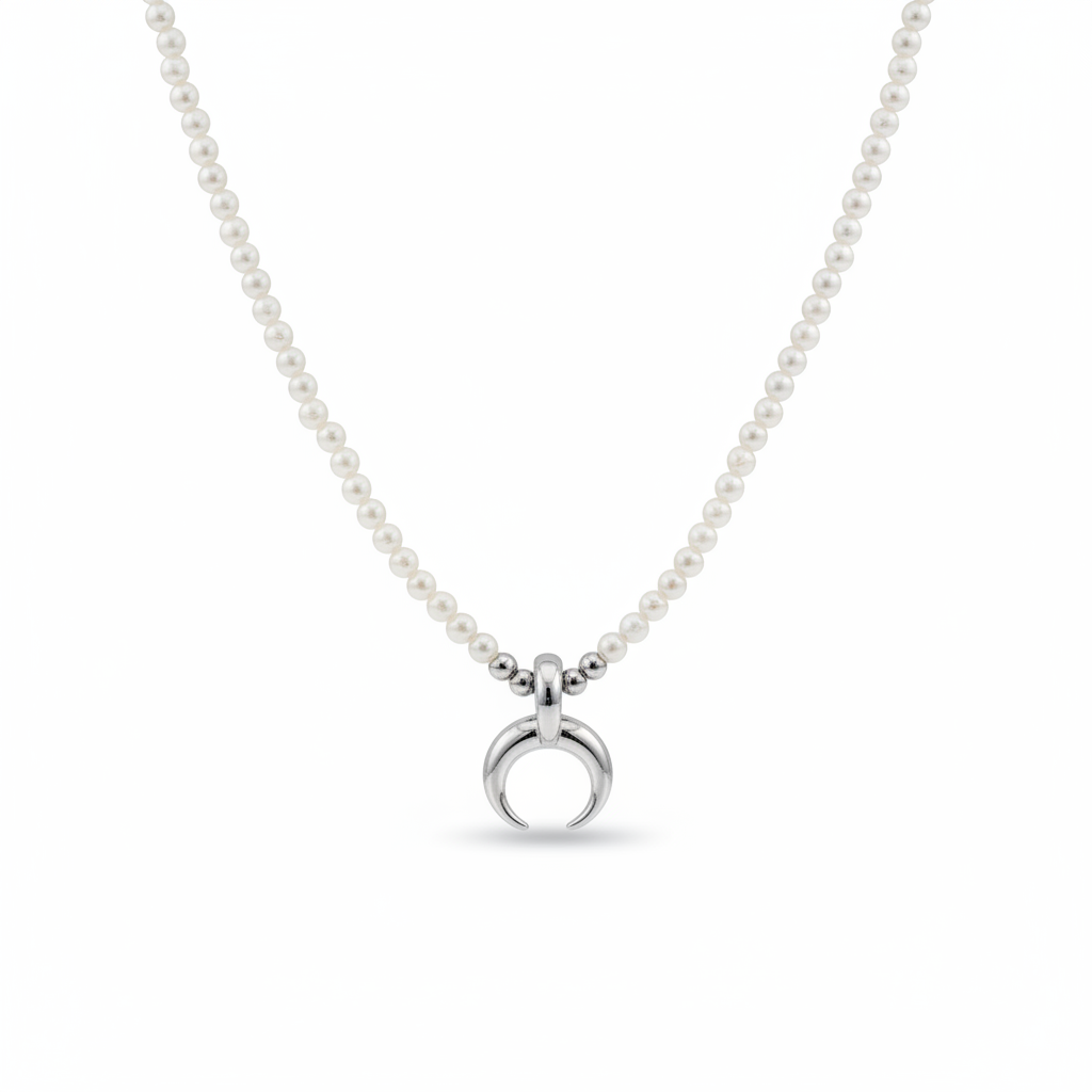 Collar de perlas con dije luna plateado para mujer - 1