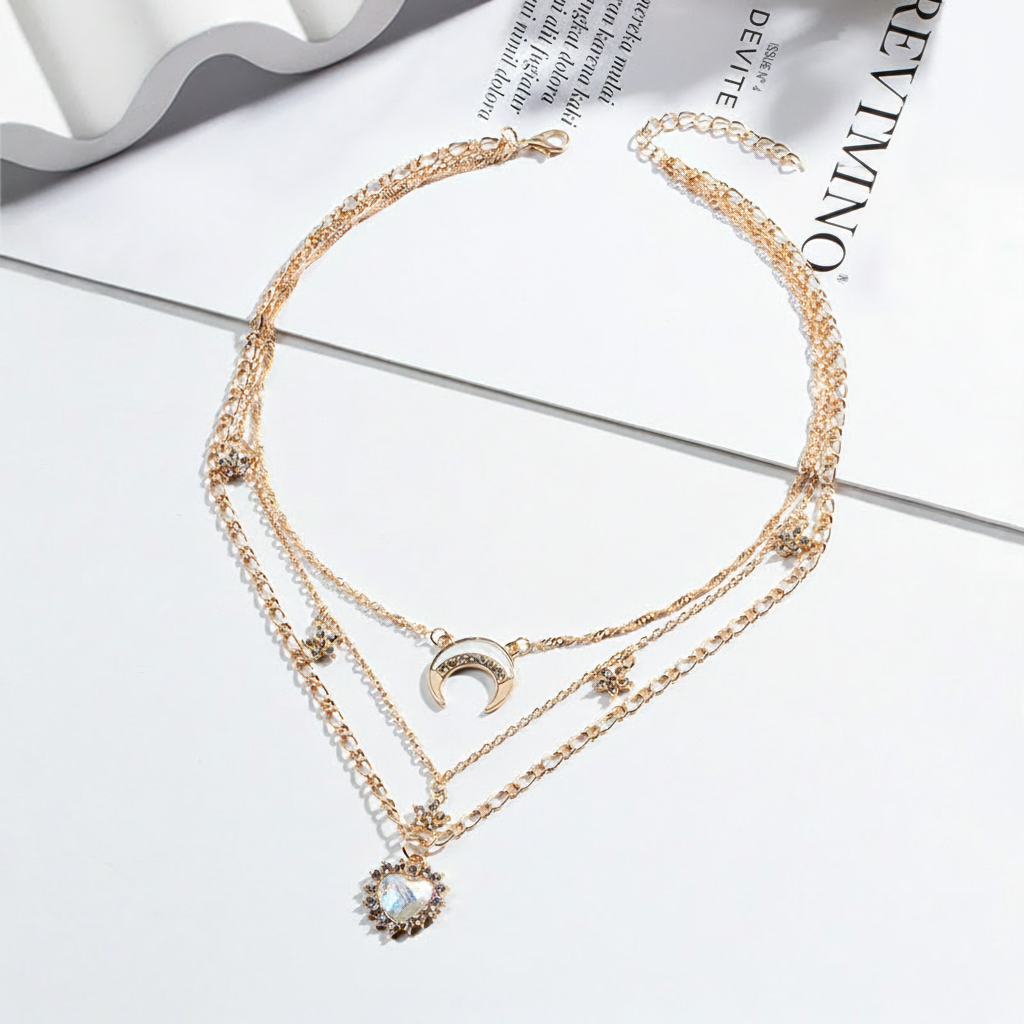 Collar de clavícula multicapa corazón y luna - 2