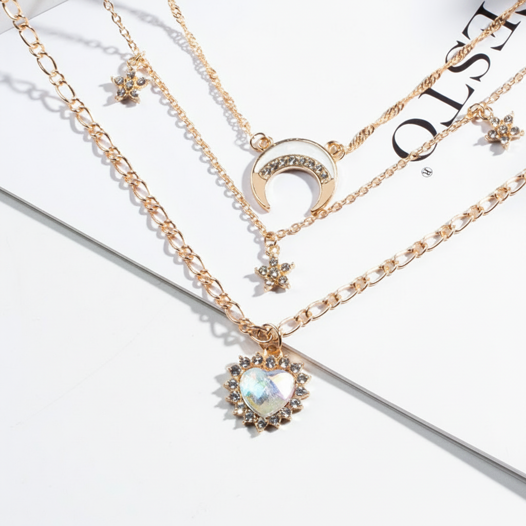 Collar de clavícula multicapa corazón y luna - 3