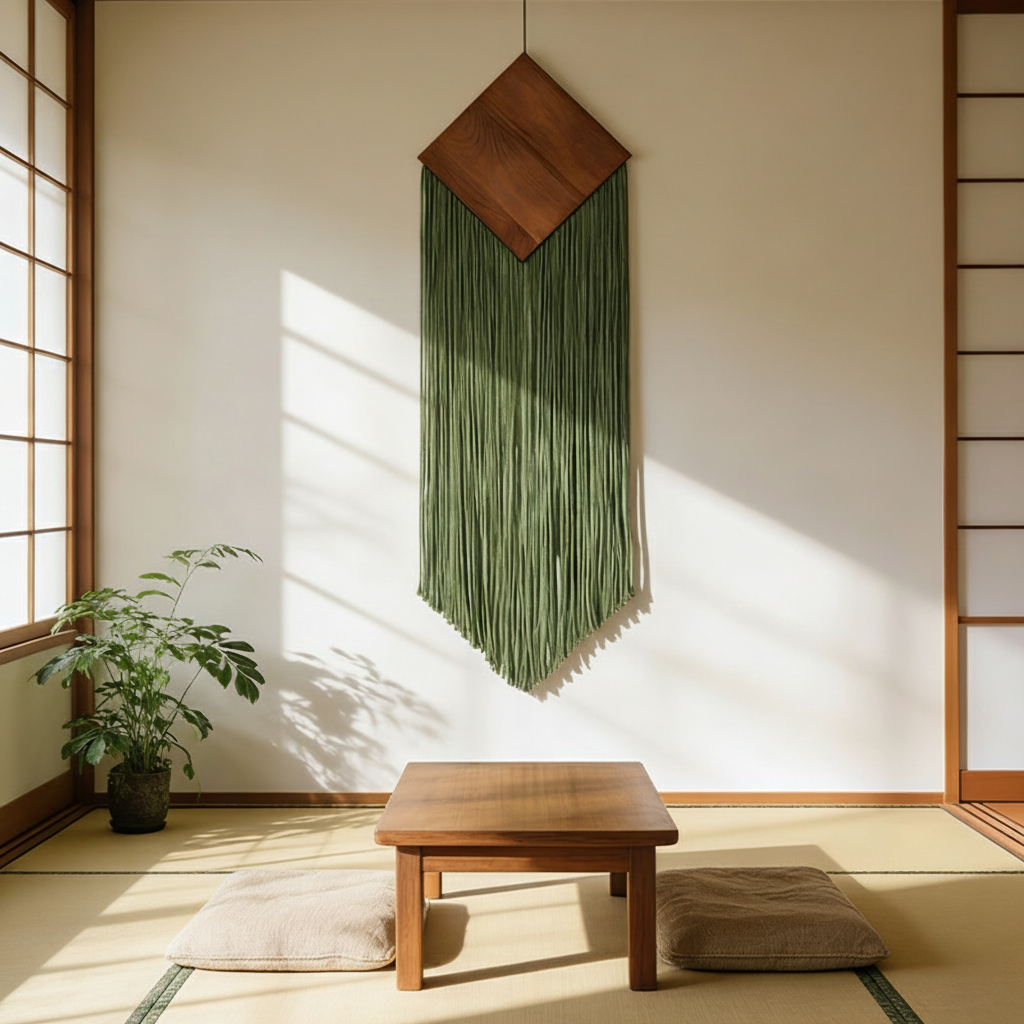 Tapiz Boho de Cuerda de Algodón con Flecos y Tabla de Madera - 2