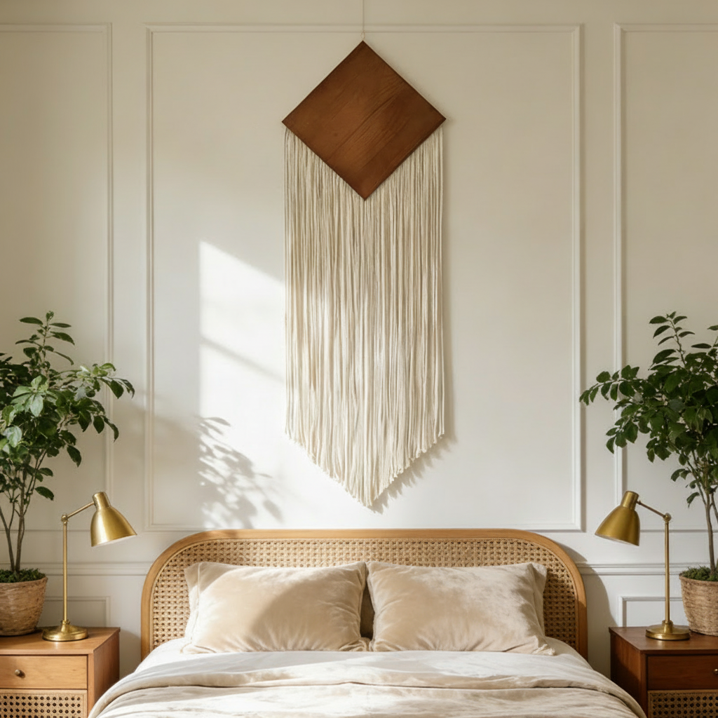 Tapiz Boho de Cuerda de Algodón con Flecos y Tabla de Madera - 3