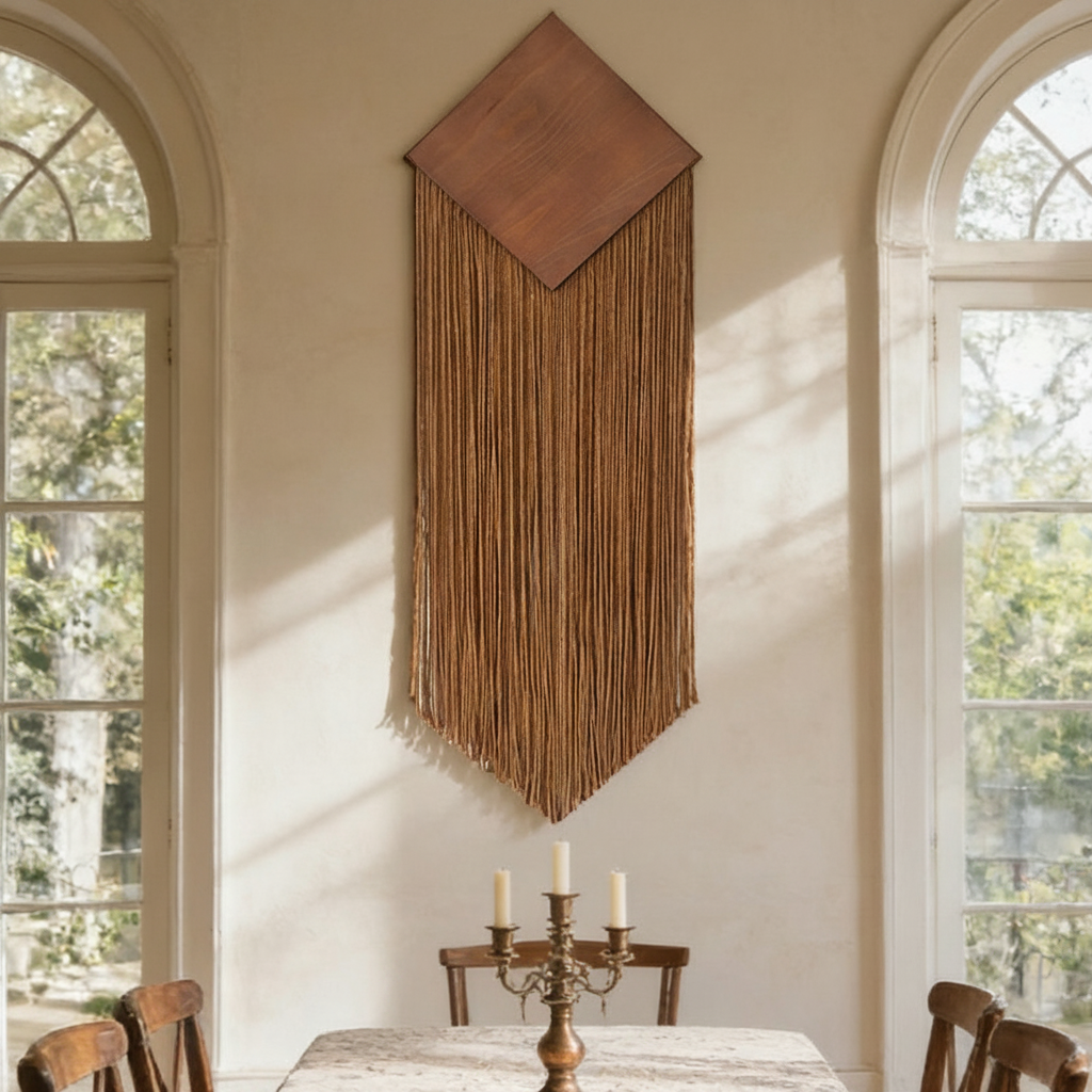 Tapiz Boho de Cuerda de Algodón con Flecos y Tabla de Madera - 4