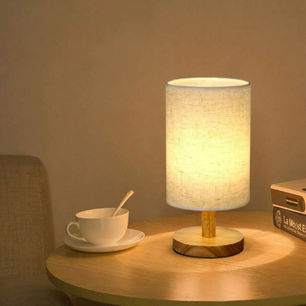 Lámpara LED de mesa nórdica con base de bambú USB - 2
