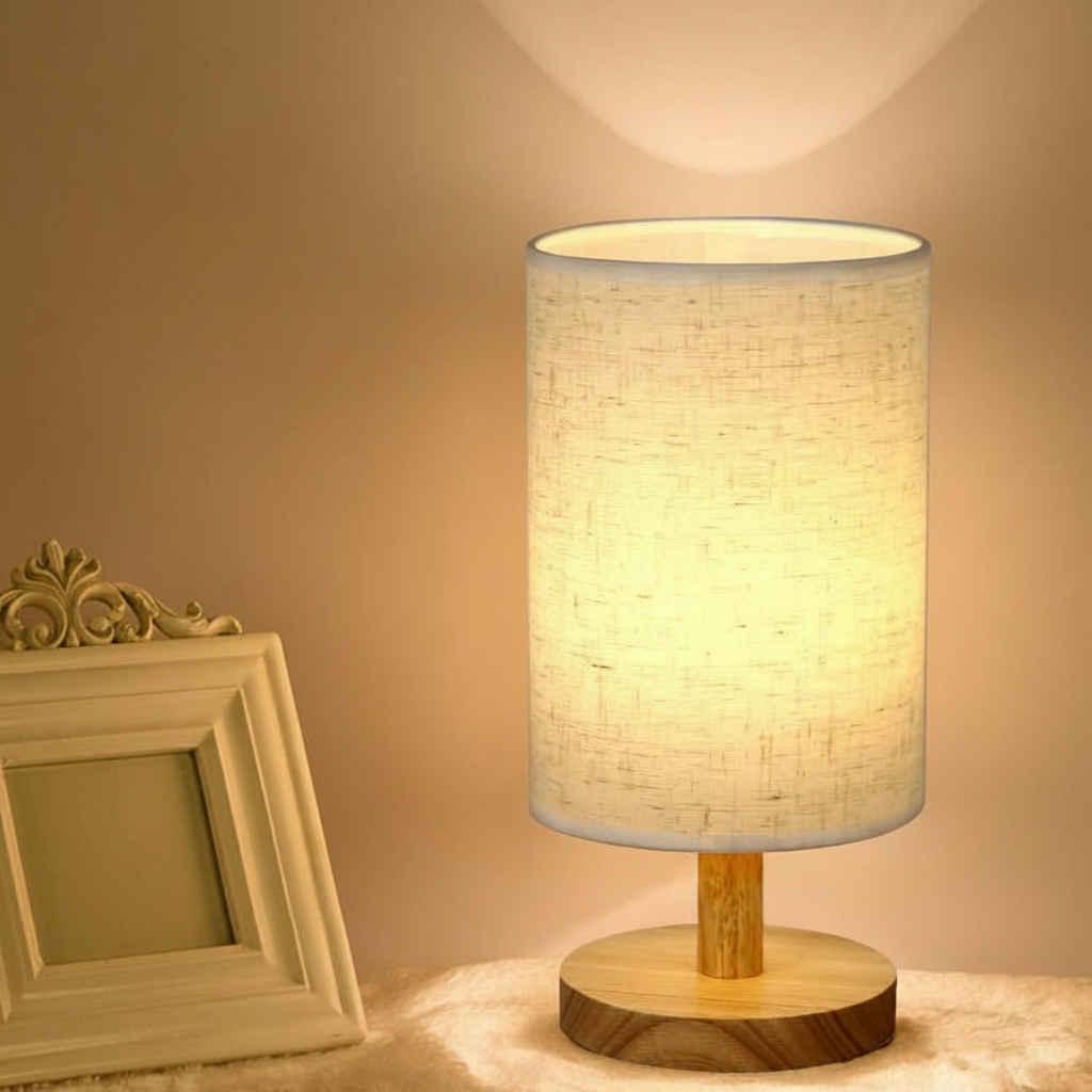 Lámpara LED de mesa nórdica con base de bambú USB - 3