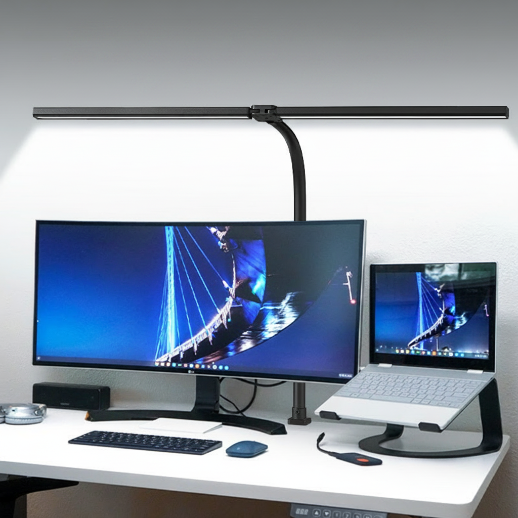 Lámpara LED de escritorio con pinza, doble brazo y control remoto - 4