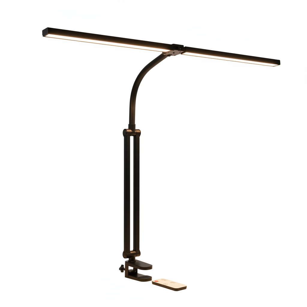 Lámpara LED de escritorio con pinza, doble brazo y control remoto - 1