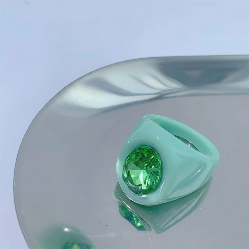 Anillo geométrico de resina con diamantes colores pastel - 4