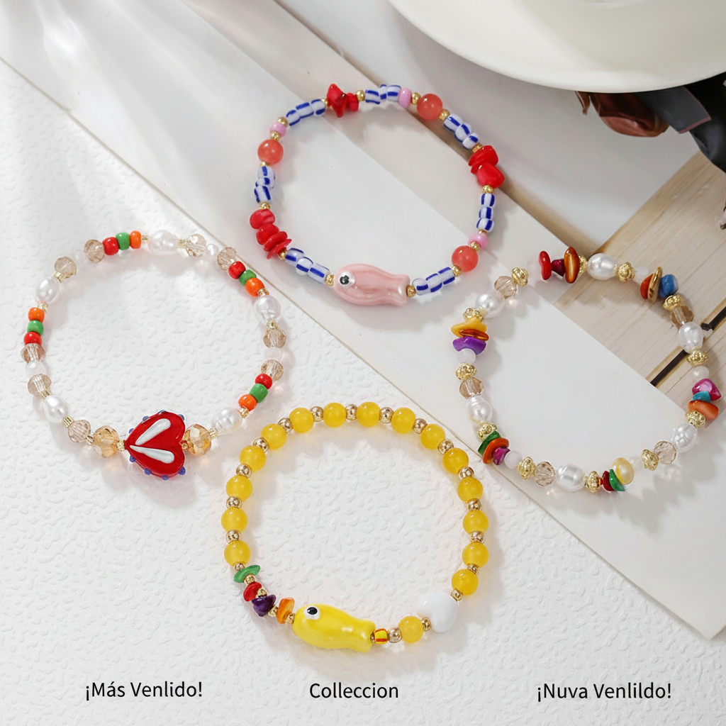 Pulsera de cuentas con corazón y pez de cerámica - 3