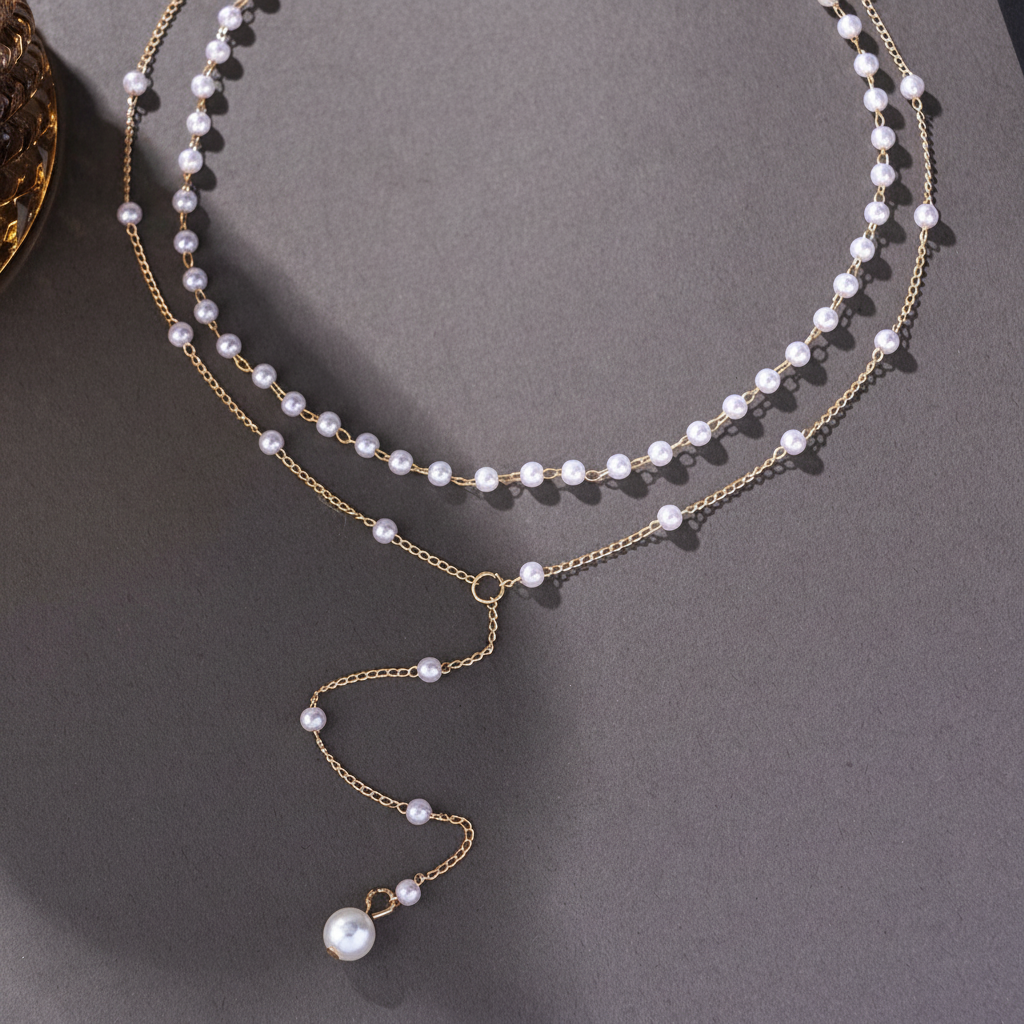Collar doble capa perlas y flecos estilo Y elegante - 4