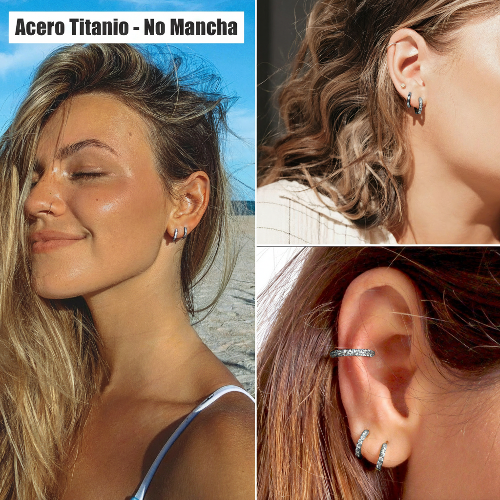 Aretes de aro de acero titanio con circones - 3