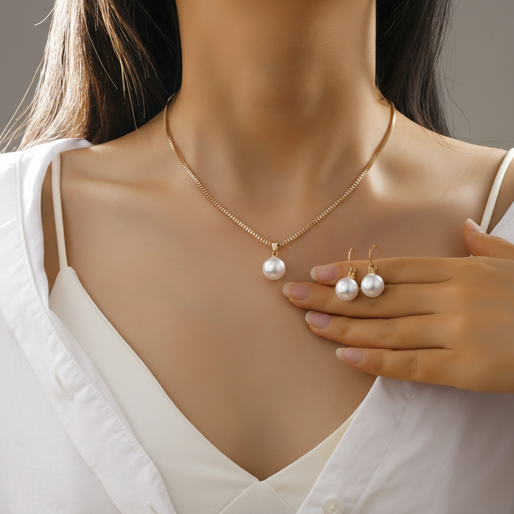 Set de Collar y Aretes con Perlas Tono Lujoso - 2