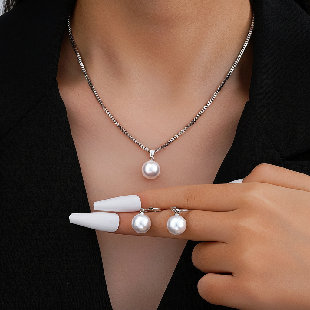 Set de Collar y Aretes con Perlas Tono Lujoso - 3