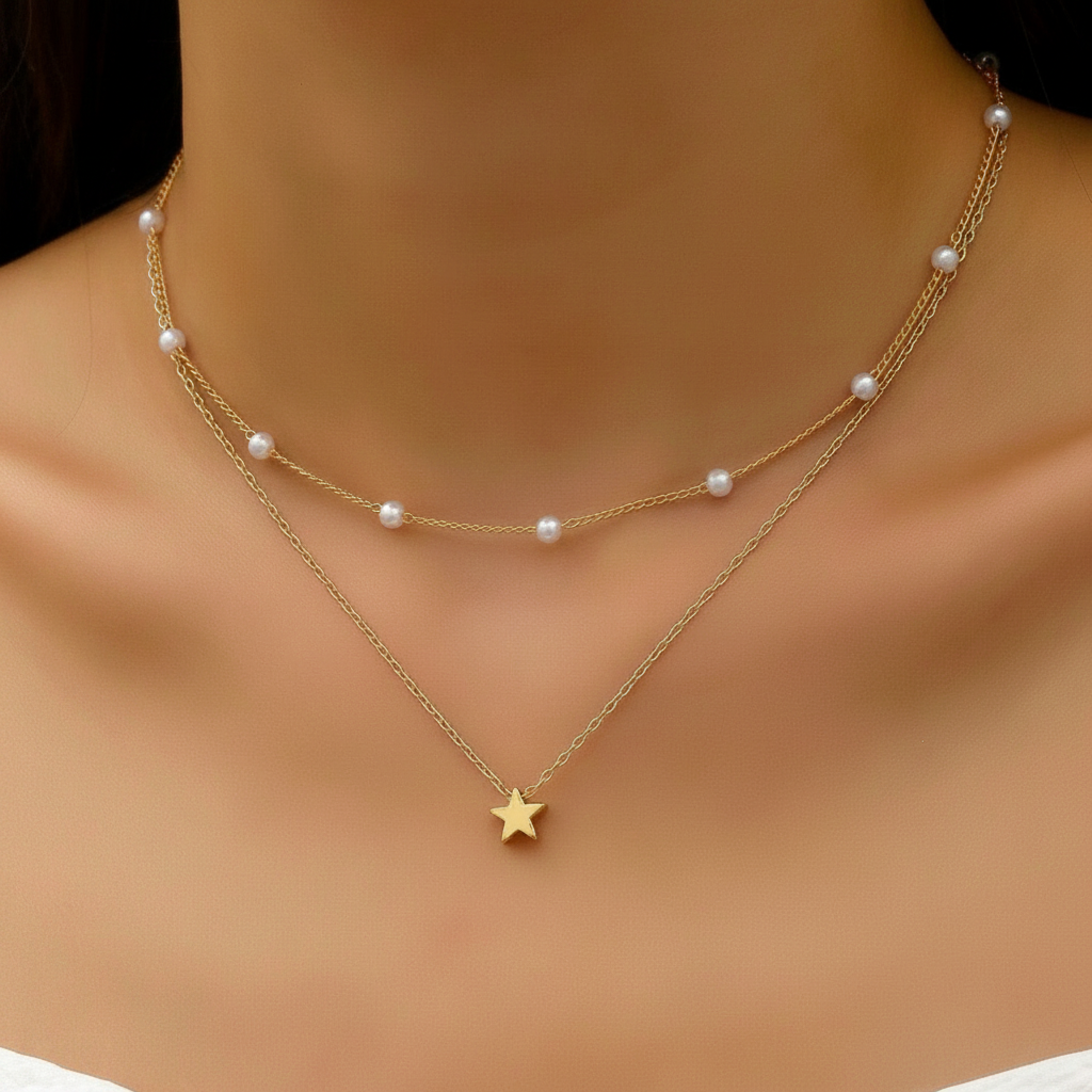 Collar de clavícula con dije de corazón y perla multicapa - 2