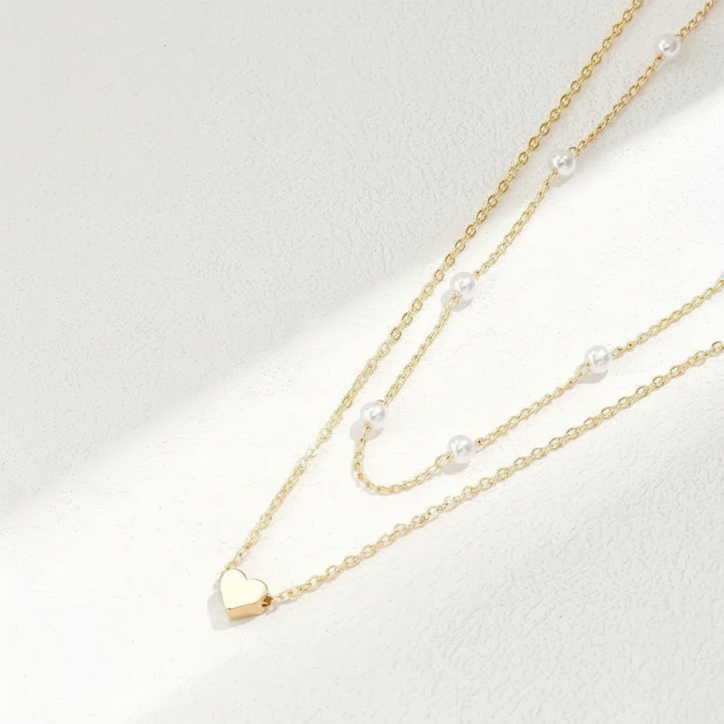 Collar de clavícula con dije de corazón y perla multicapa - 3