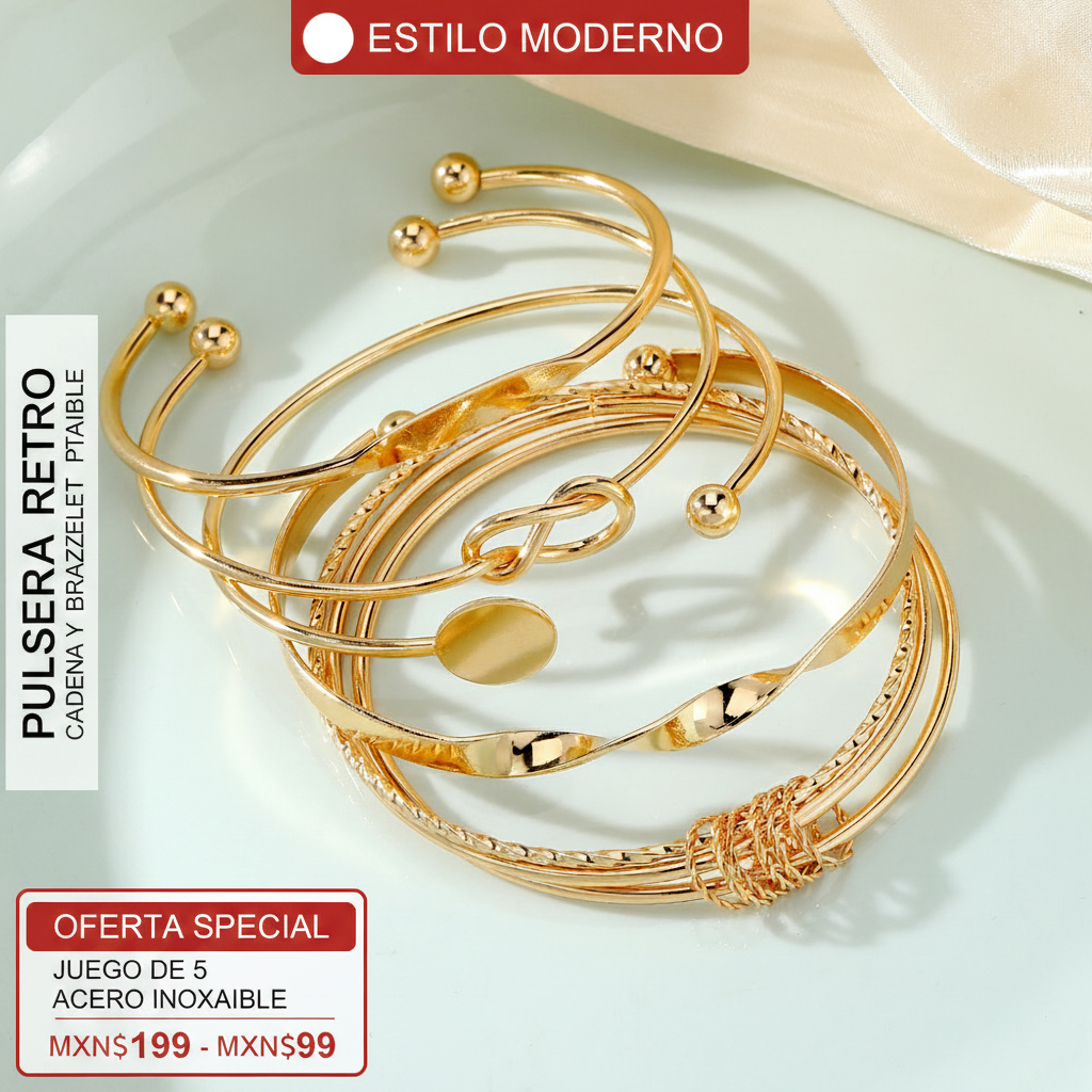 Pulsera Retro con Cadena y Brazalete Apilable - 2