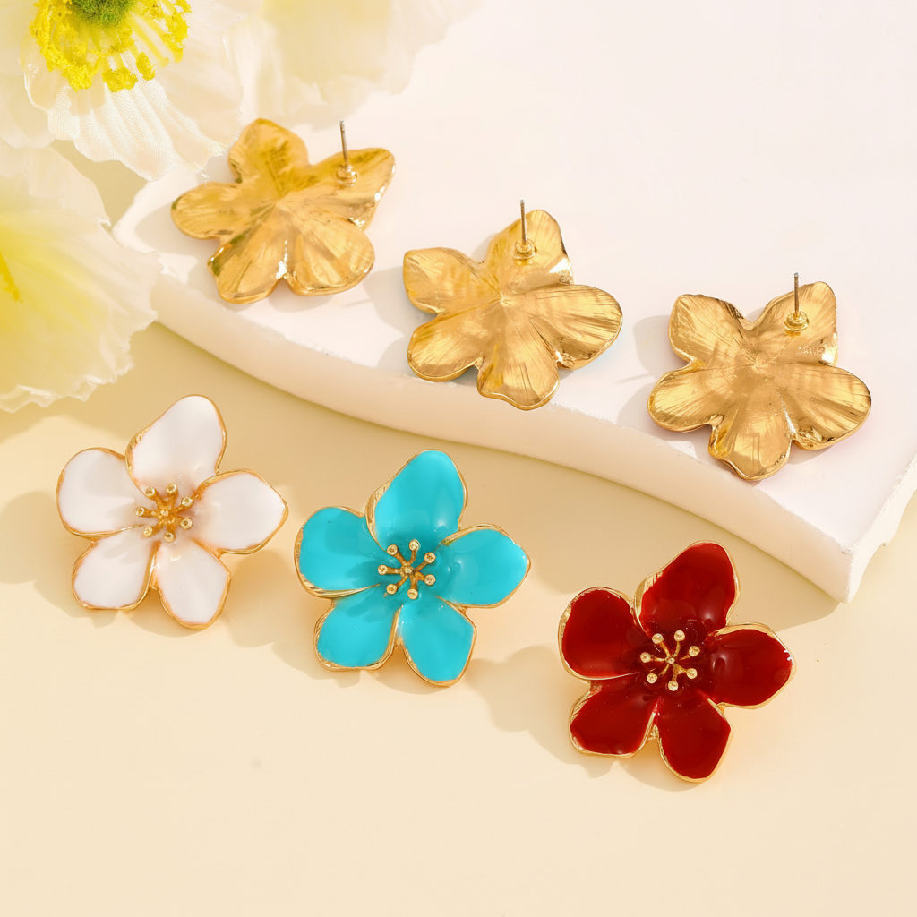 Aretes de flor cinco pétalos con esmalte colores - 3