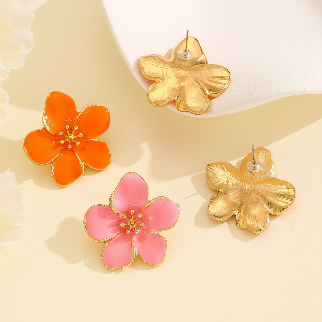 Aretes de flor cinco pétalos con esmalte colores - 4