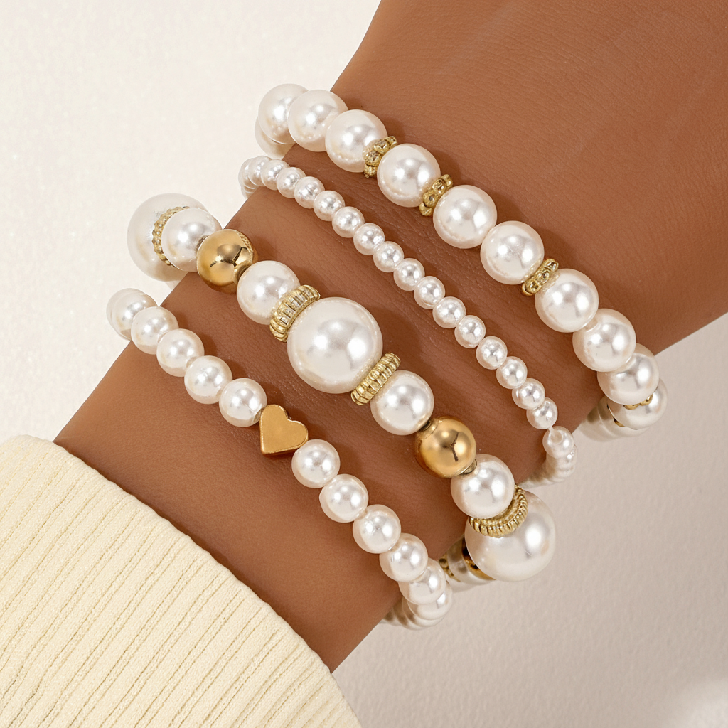 Set de 4 Pulseras con Perlas y Corazón para Mujer - 2
