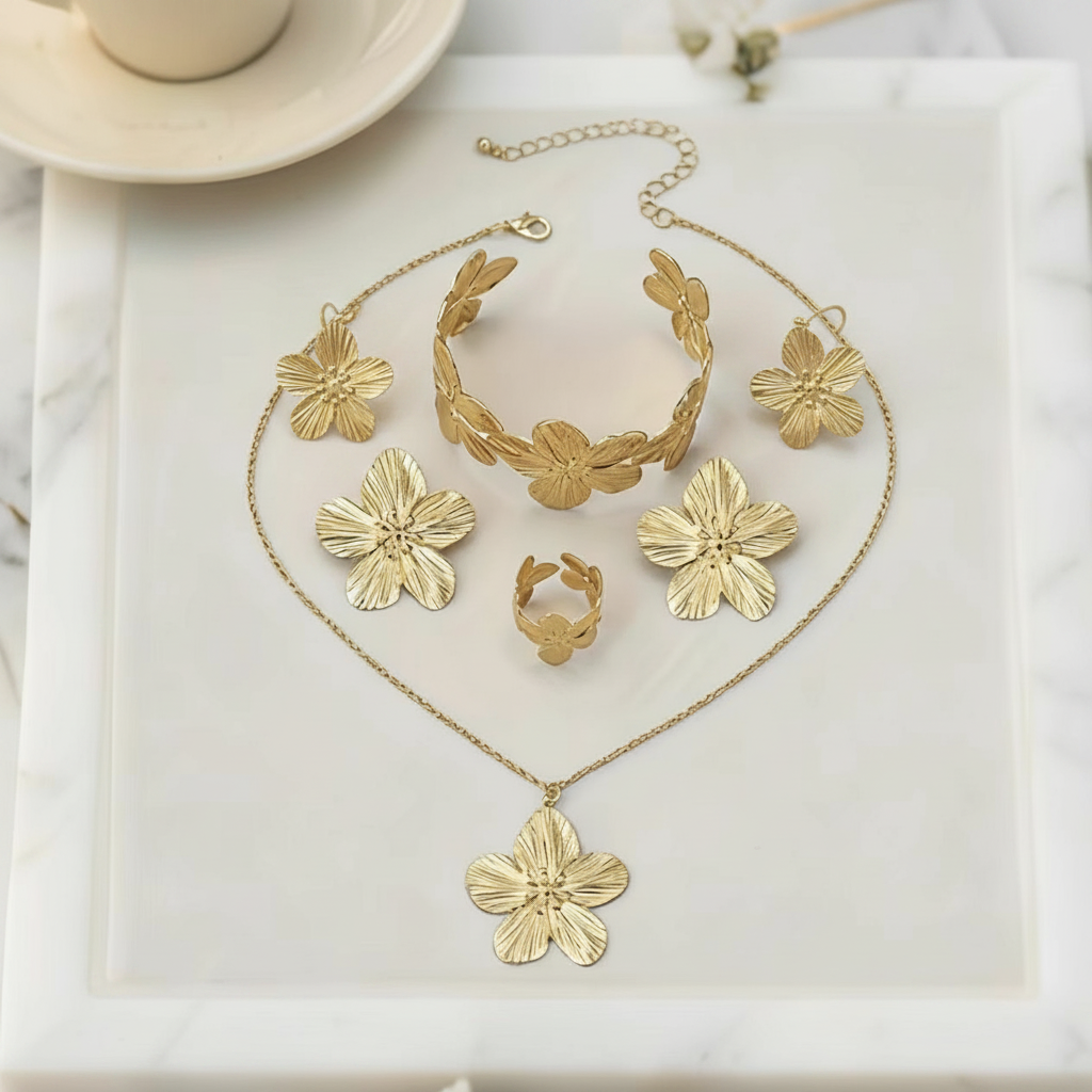 Set de Joyería Dorada con Flores 5 Piezas Mujer - 2
