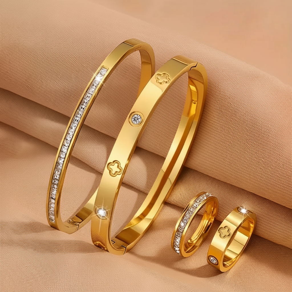 Set de Pulseras y Anillos con Zirconia Trébol 4 pzas - 2