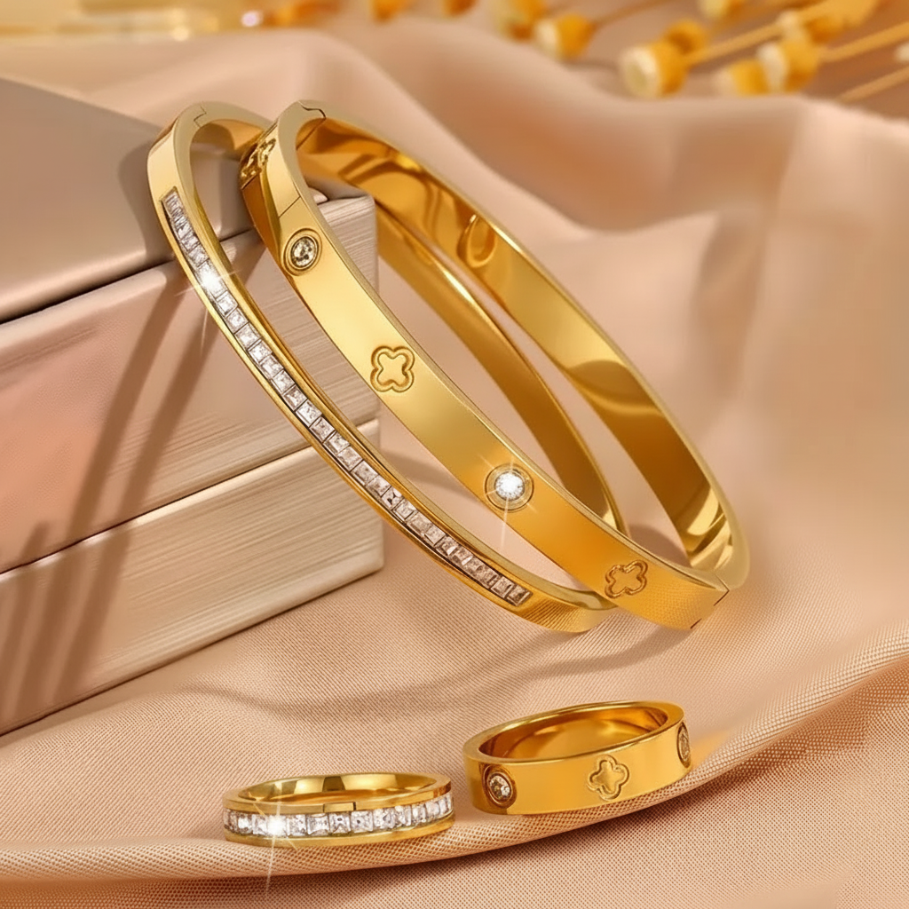 Set de Pulseras y Anillos con Zirconia Trébol 4 pzas - 3