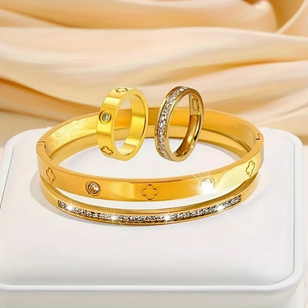 Set de Pulseras y Anillos con Zirconia Trébol 4 pzas - 4