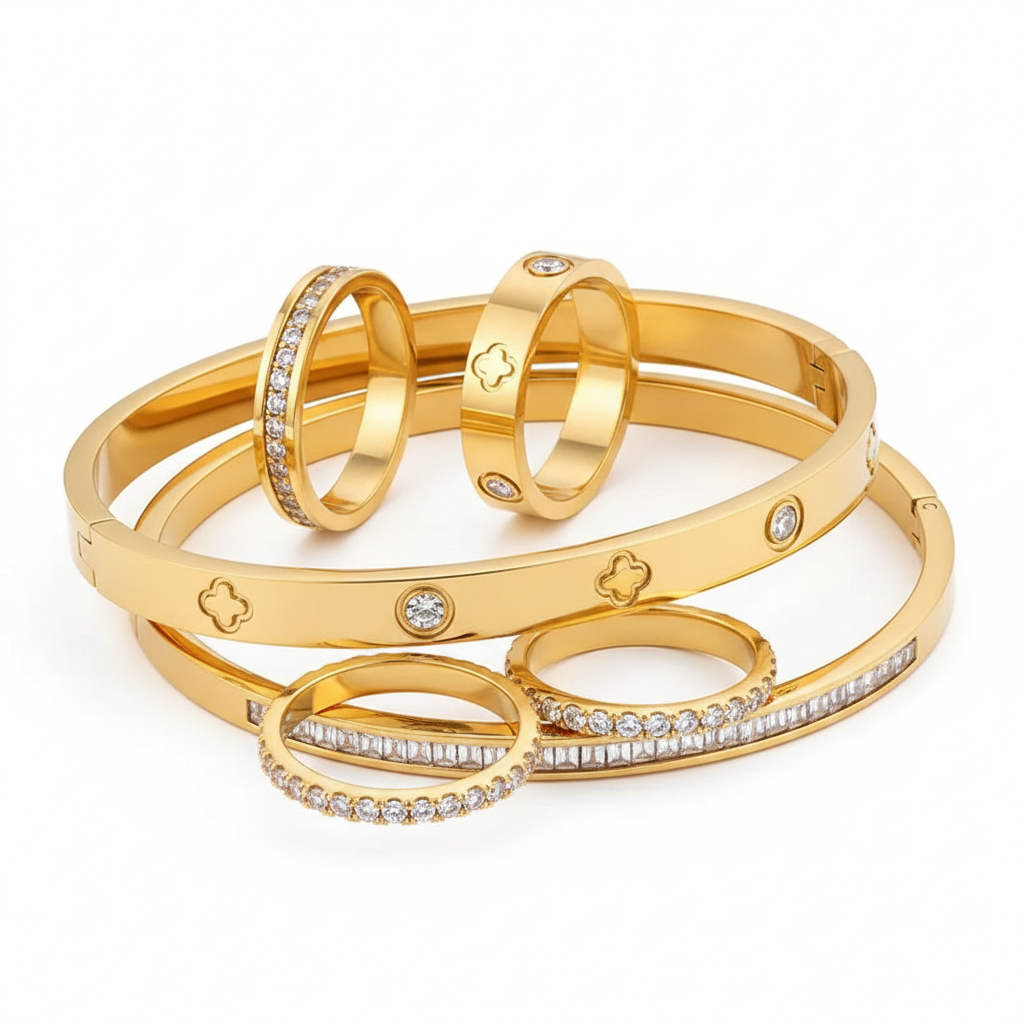 Set de Pulseras y Anillos con Zirconia Trébol 4 pzas - 1
