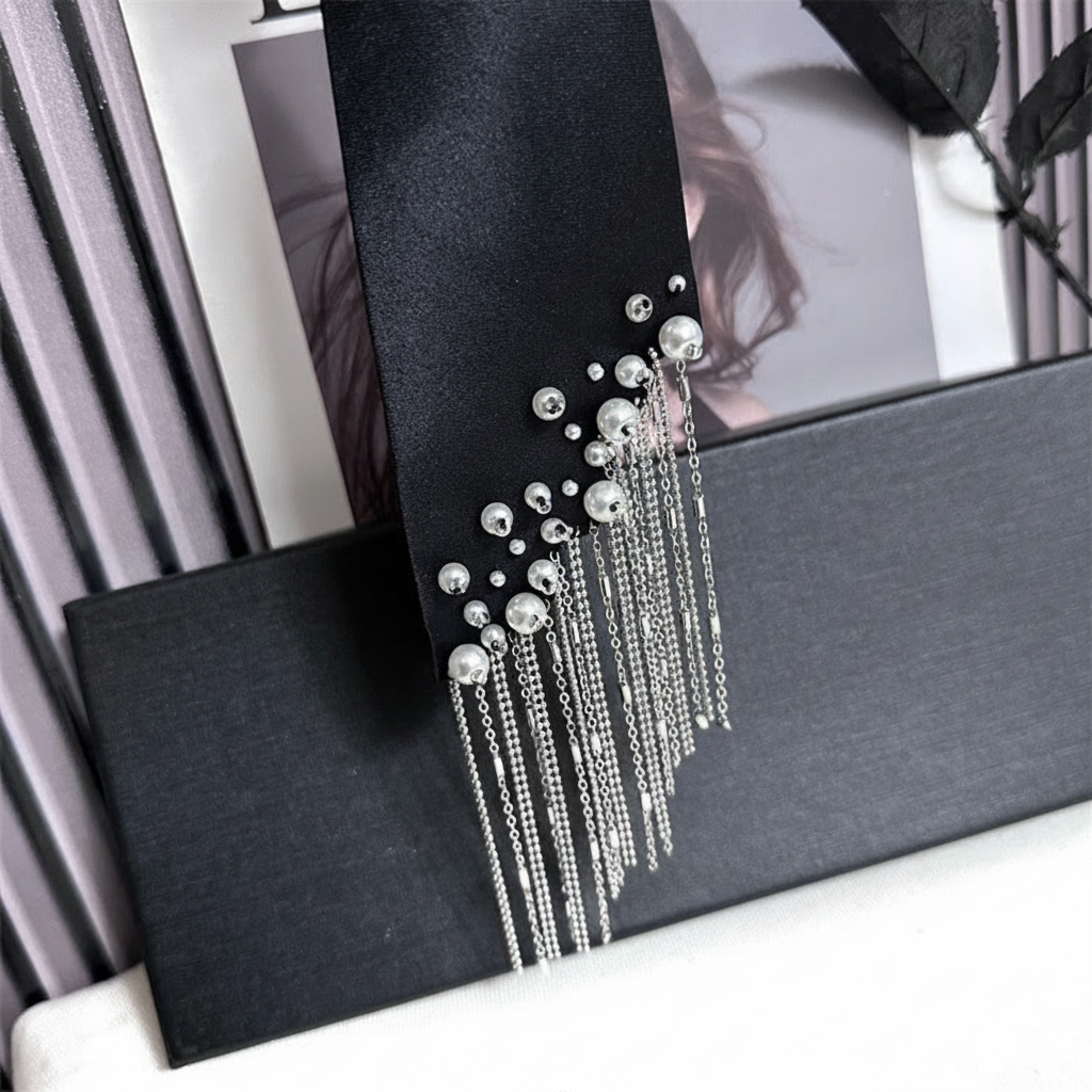 Corbata de moño con flecos y perlas estilo coreano - 2