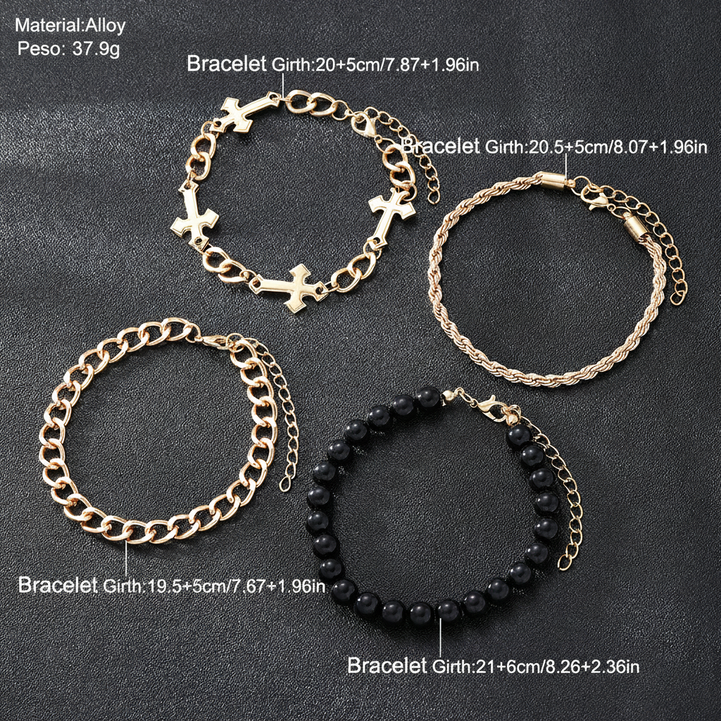 Set 4 Pulseras Cruz Acero Titanio Estilo Dark Aesthetic - 3