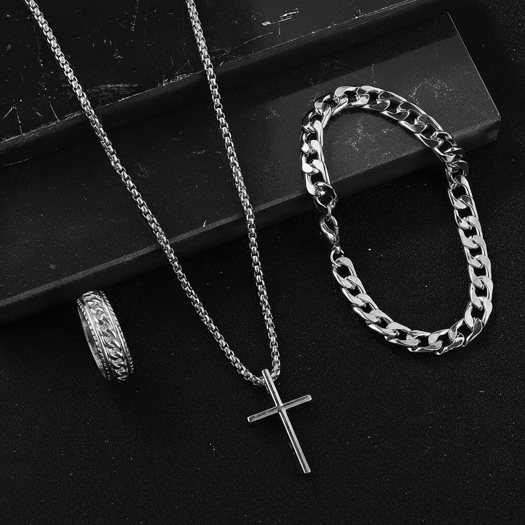 Set de Accesorios con Cruz: Collar, Pulsera y Aretes - 3