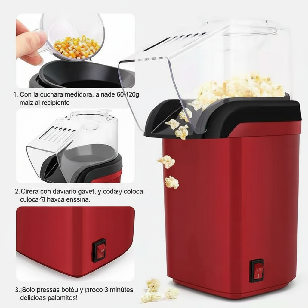 Máquina de Palomitas Mini Eléctrica 1200W Roja - 4