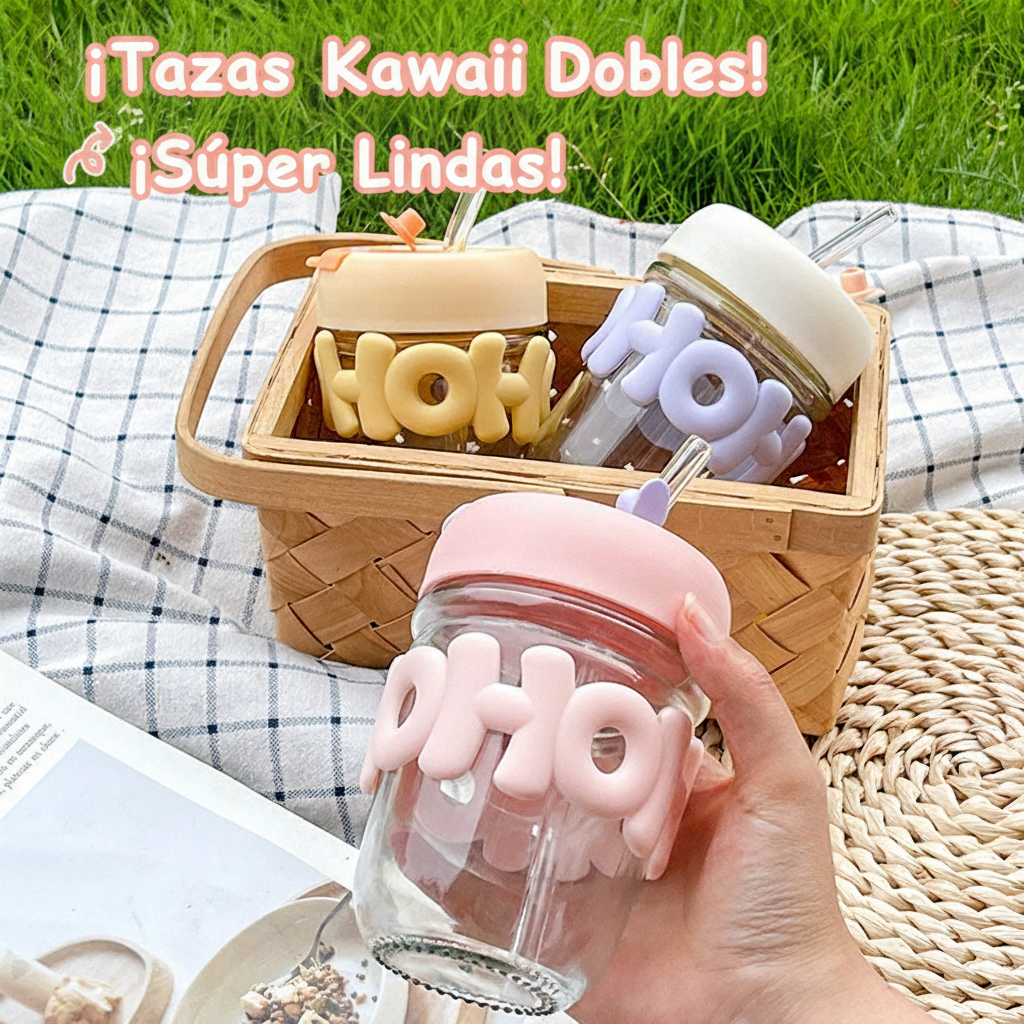 Vaso de vidrio con popote y tapa diseño kawaii - 2