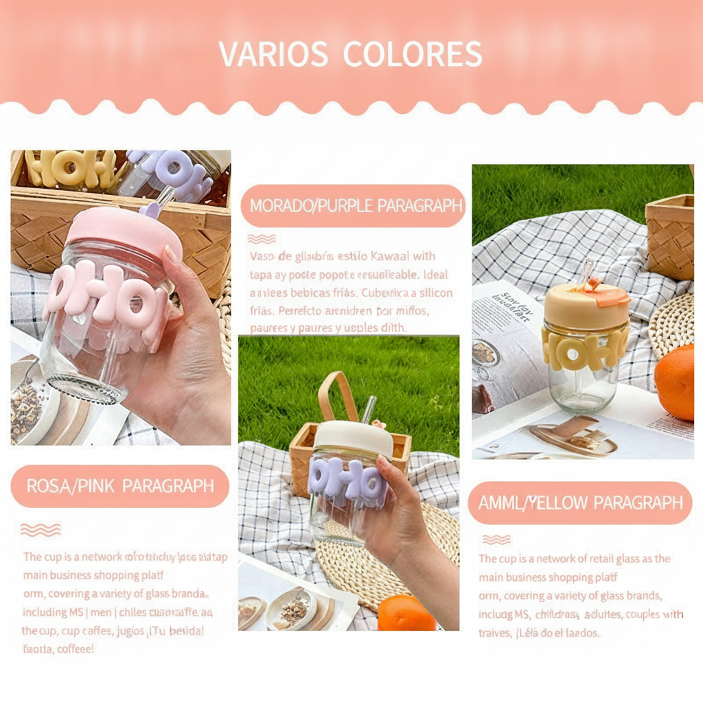 Vaso de vidrio con popote y tapa diseño kawaii - 3