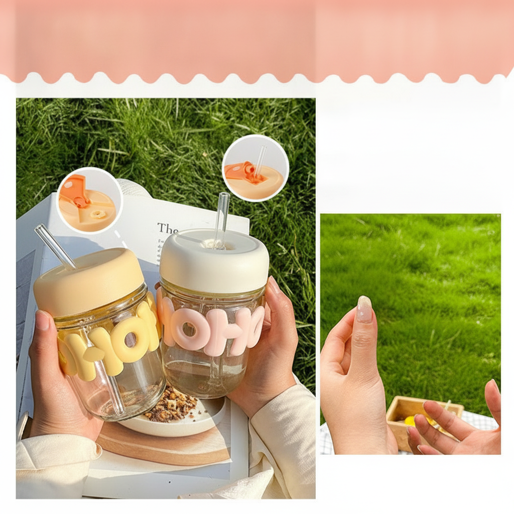 Vaso de vidrio con popote y tapa diseño kawaii - 4