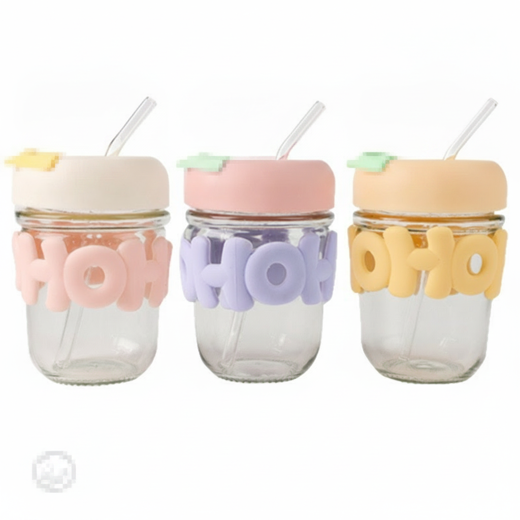 Vaso de vidrio con popote y tapa diseño kawaii - 5