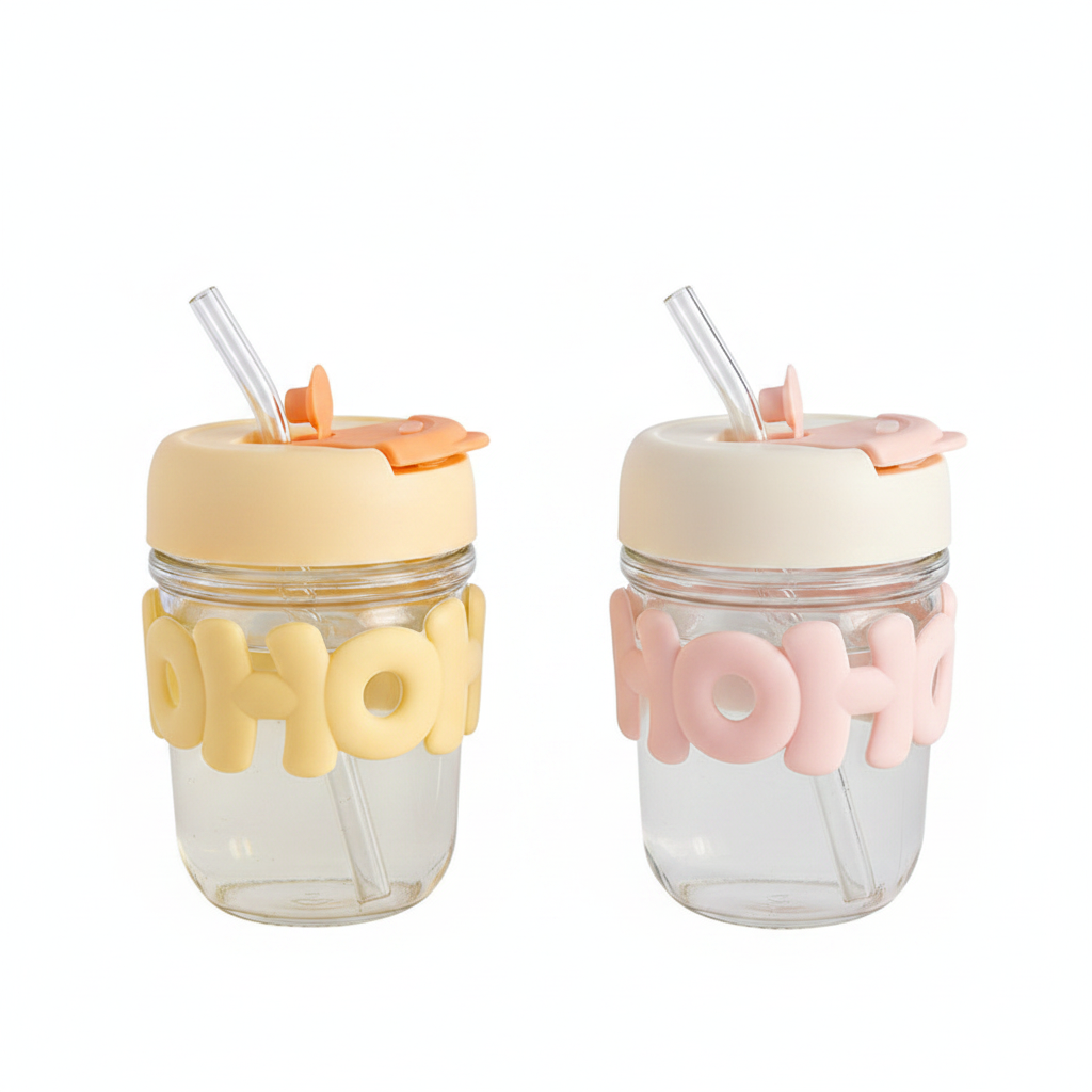 Vaso de vidrio con popote y tapa diseño kawaii - 1