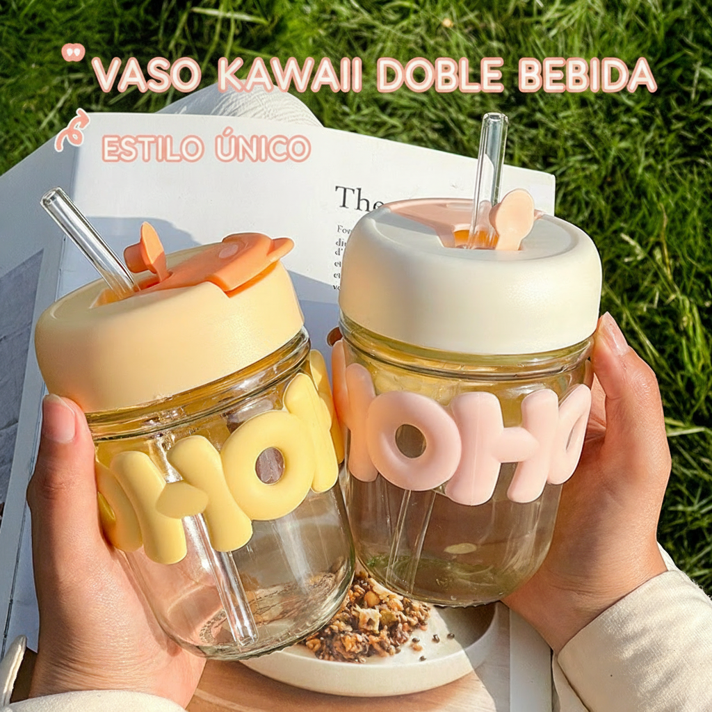 Vaso de vidrio con popote y tapa diseño kawaii