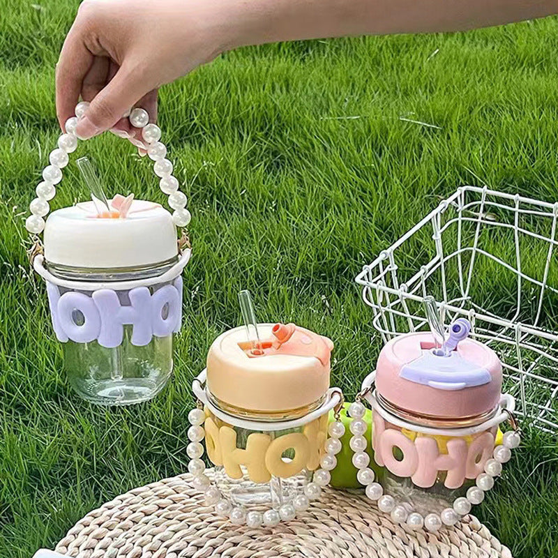 Vaso de vidrio con popote y tapa diseño kawaii