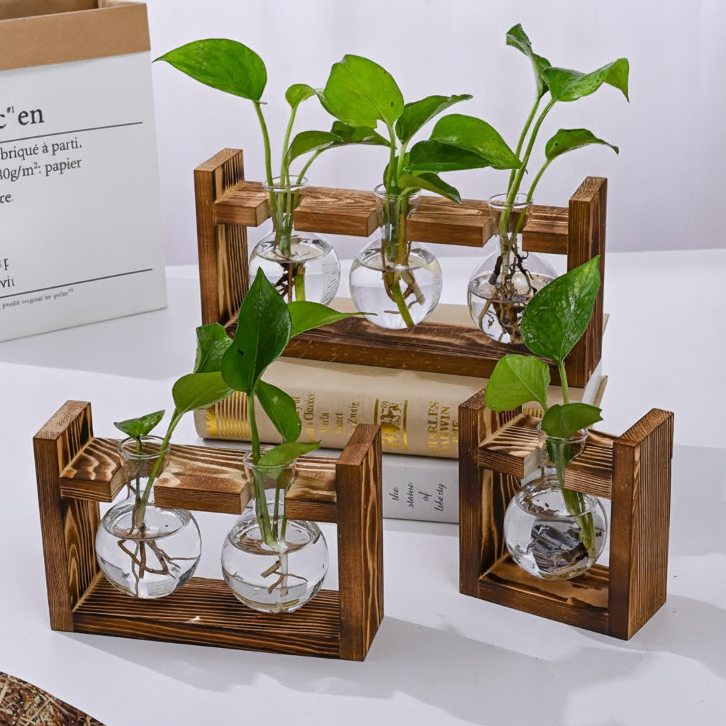 Florero de vidrio con soporte de madera para hidroponía - 2