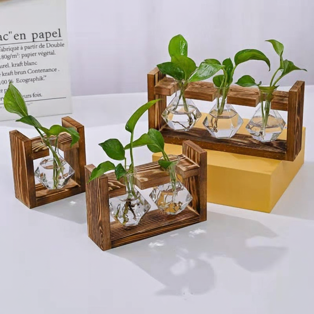 Florero de vidrio con soporte de madera para hidroponía - 3