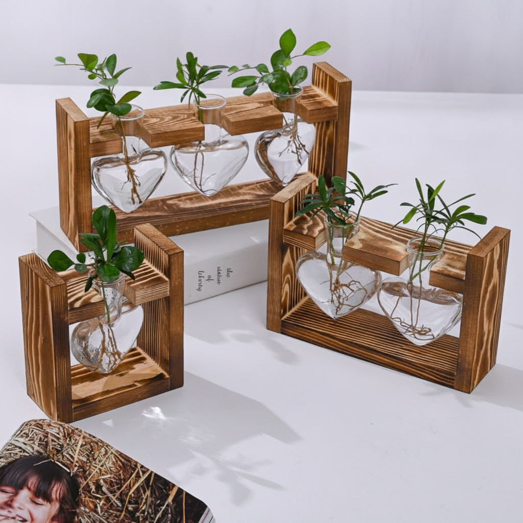 Florero de vidrio con soporte de madera para hidroponía - 4