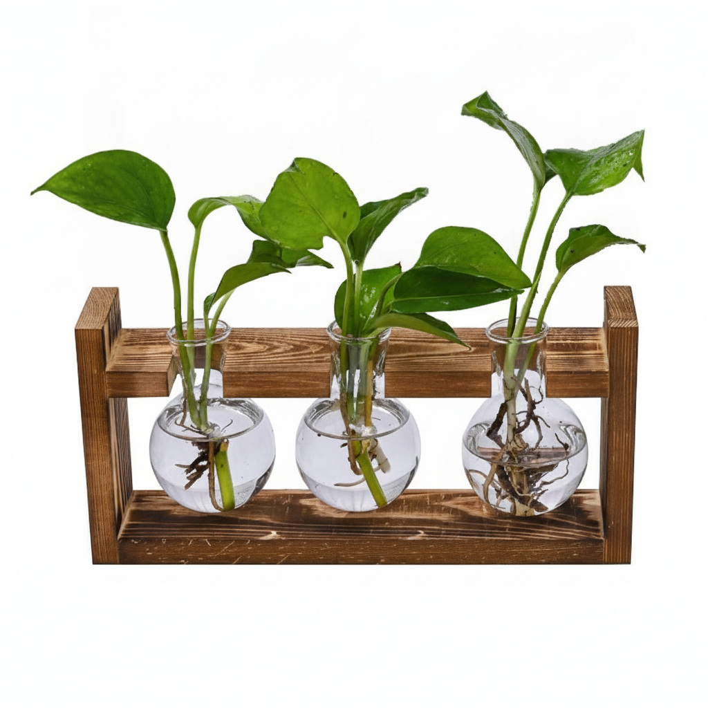 Florero de vidrio con soporte de madera para hidroponía - 5