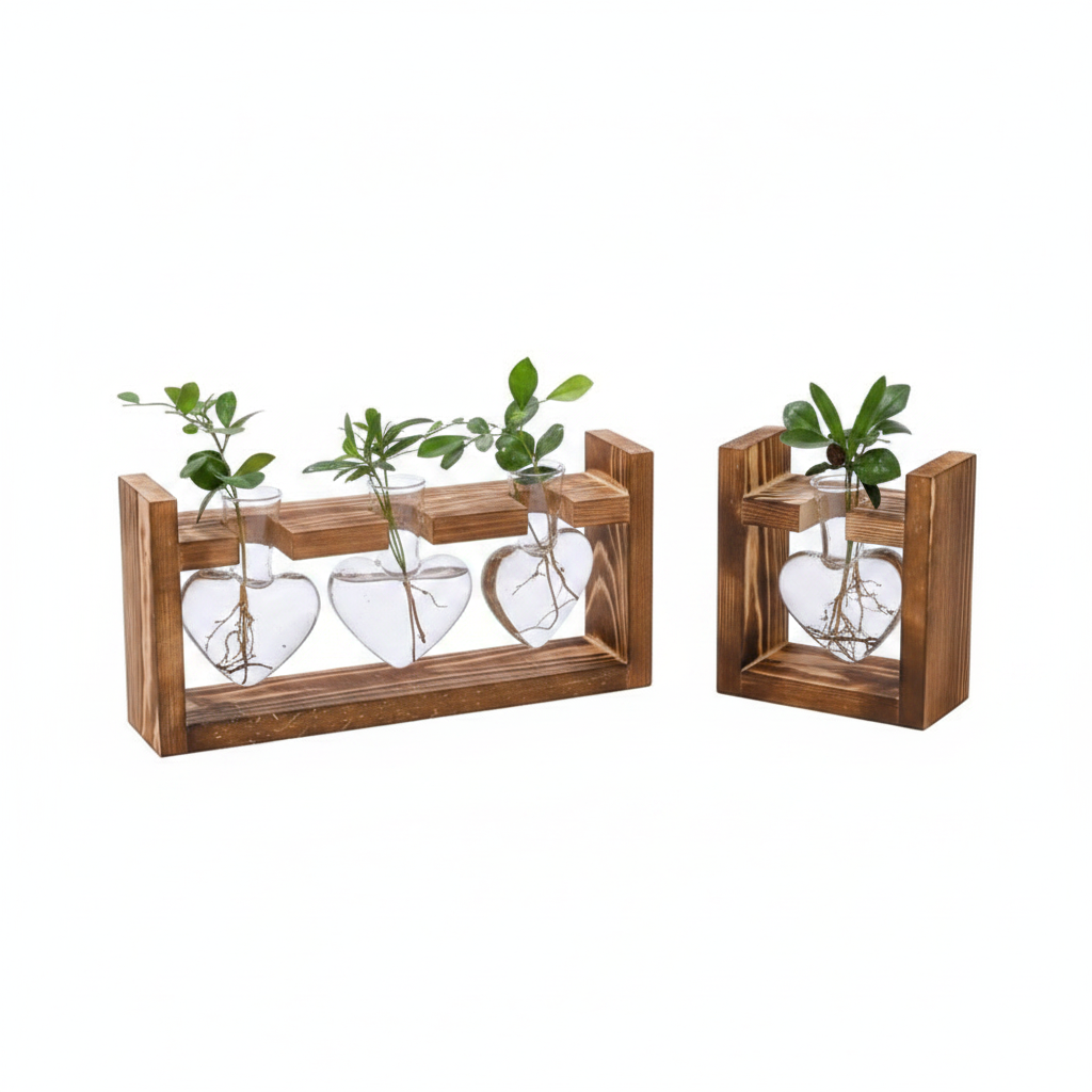 Florero de vidrio con soporte de madera para hidroponía - 1