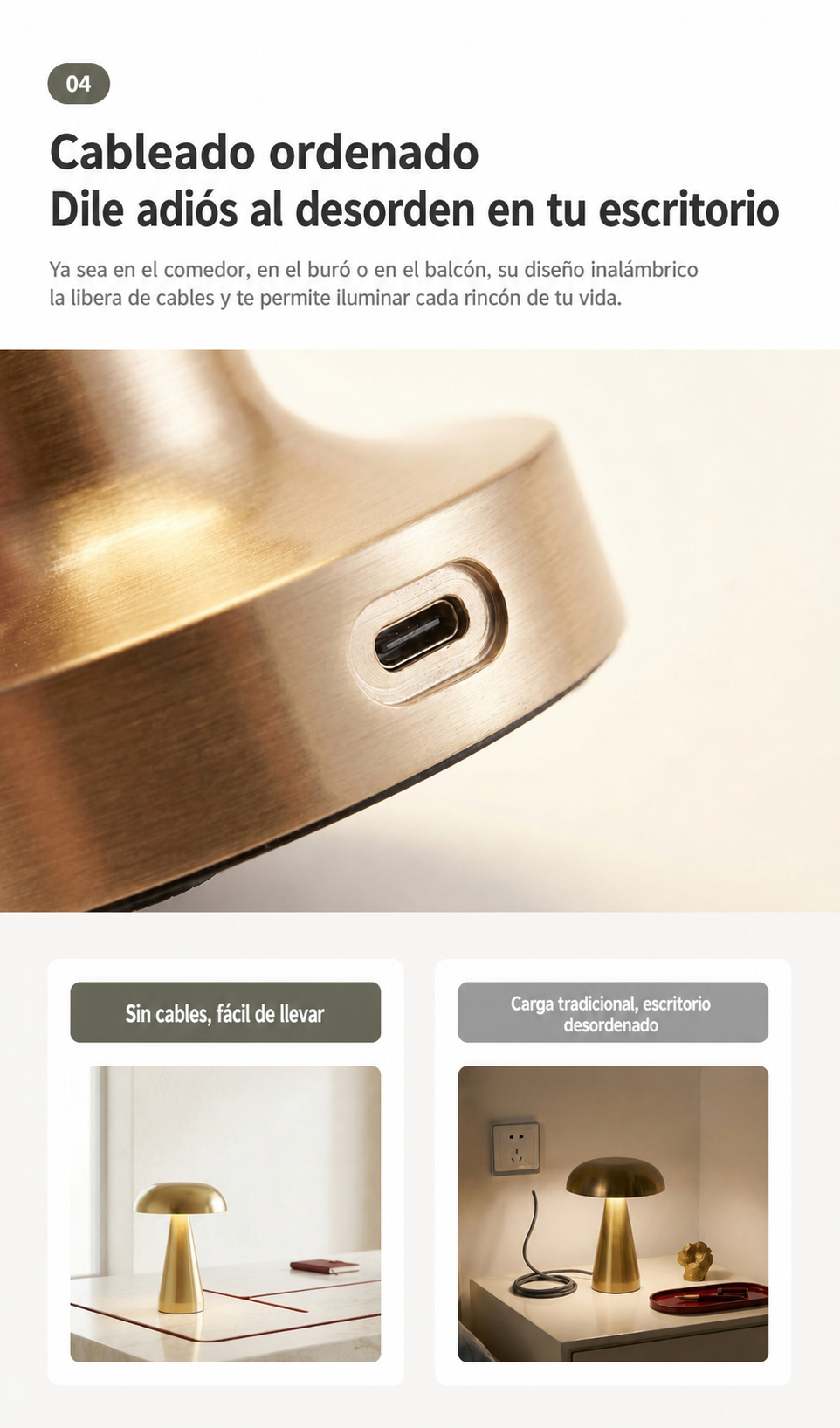 Lámpara de Mesa Tipo Hongo con Carga USB-C - 16