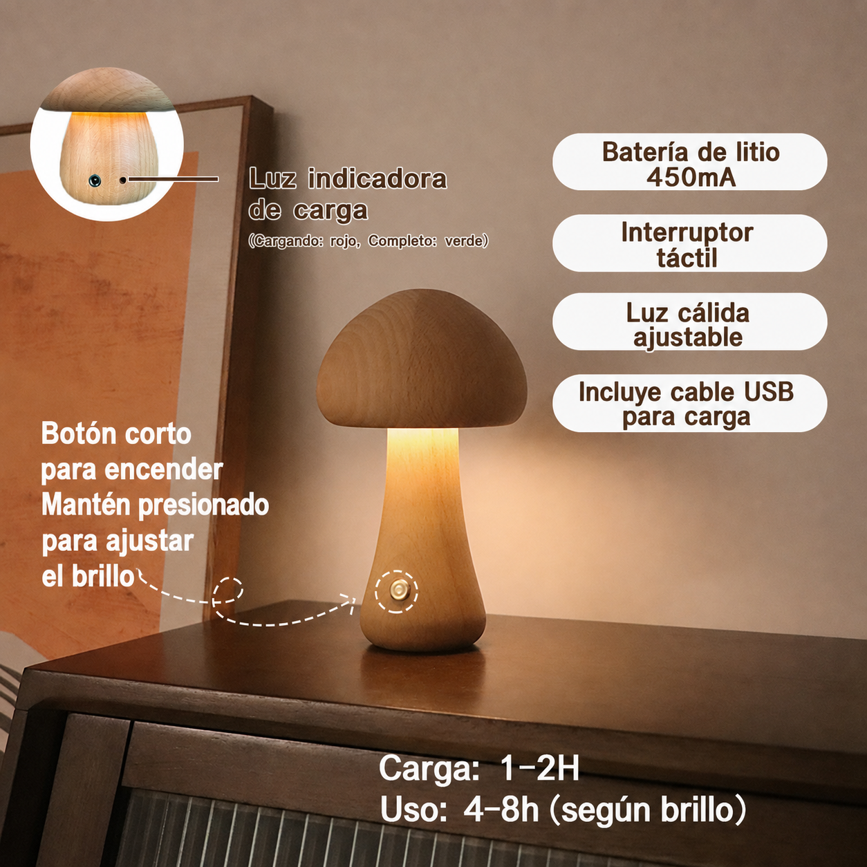 Lámpara Hongo LED Luz Nocturna Táctil Decorativa