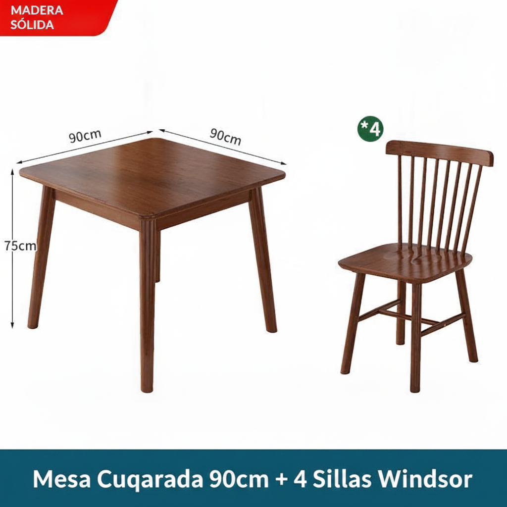Mesa cuadrada de madera maciza estilo nórdico + sillas - 7